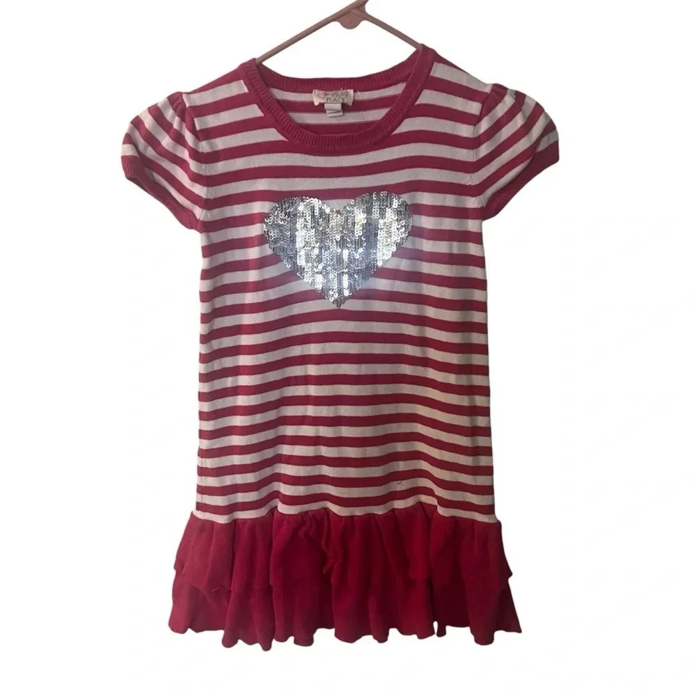 Childrens Place Pink Stripe Silver Sequin Heart Sweater Dress Girls SZ 7/8 M